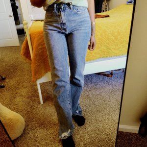 PLT - Tall Mid Blue Wash Ripped Split Hem Straight Leg Jeans - Size 6